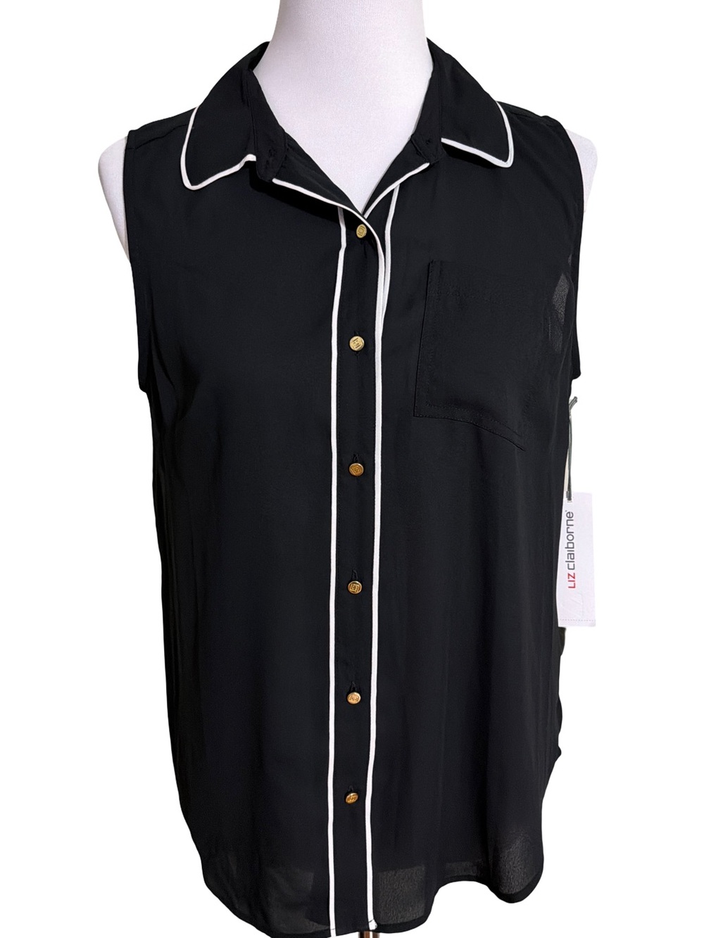 Liz Claiborne Black Sleeveless Button-Down Top with White Piping
